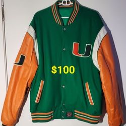 Miami Hurricanes Varsity Green and Orange Leather Jacket