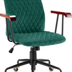 COSTWAY Green Velvet Office Chair, Upholstered Home Leisure Chair with Rubber Wood Armrests & 5-Claw Metal Base, Vintage Mid-Back Computer Desk Chair 