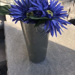 Rustic Farmhouse, Galvanized, Metal Vase, With 3 Pretty Purple Flowers