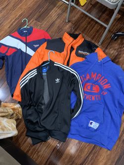 Adidas track, champion hoodie, nautical puffer, and Reebok track