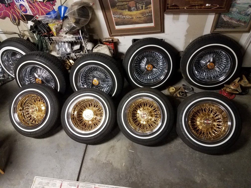 13x7 zenith style Center gold crosslace 72 spoke wire rims white wall tires 5 lug Universal 15