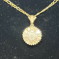 14K Starburst Pendant set with 3 Cts Round Diamonds and Baguettes   