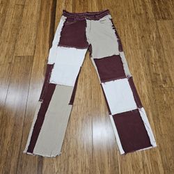Patchwork Two-Tone Jeans | Burgundy & Cream | Raw Hem | Trendy Handmade Style *Great Bridge*