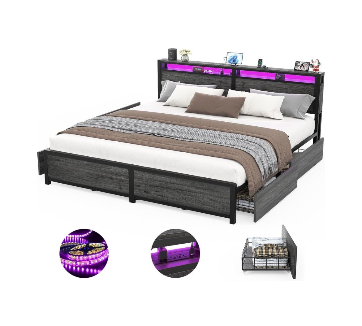 King Size Bed Frame with 4 Storage Drawers and Charging Station, Sturdy Platform Bed with Storage Headboard and LED Light, No Box Spring Needed, Easy