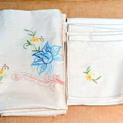 Embroidered Floral Tablecloth And 6 Napkins Set Handmade Gifted NEW 
