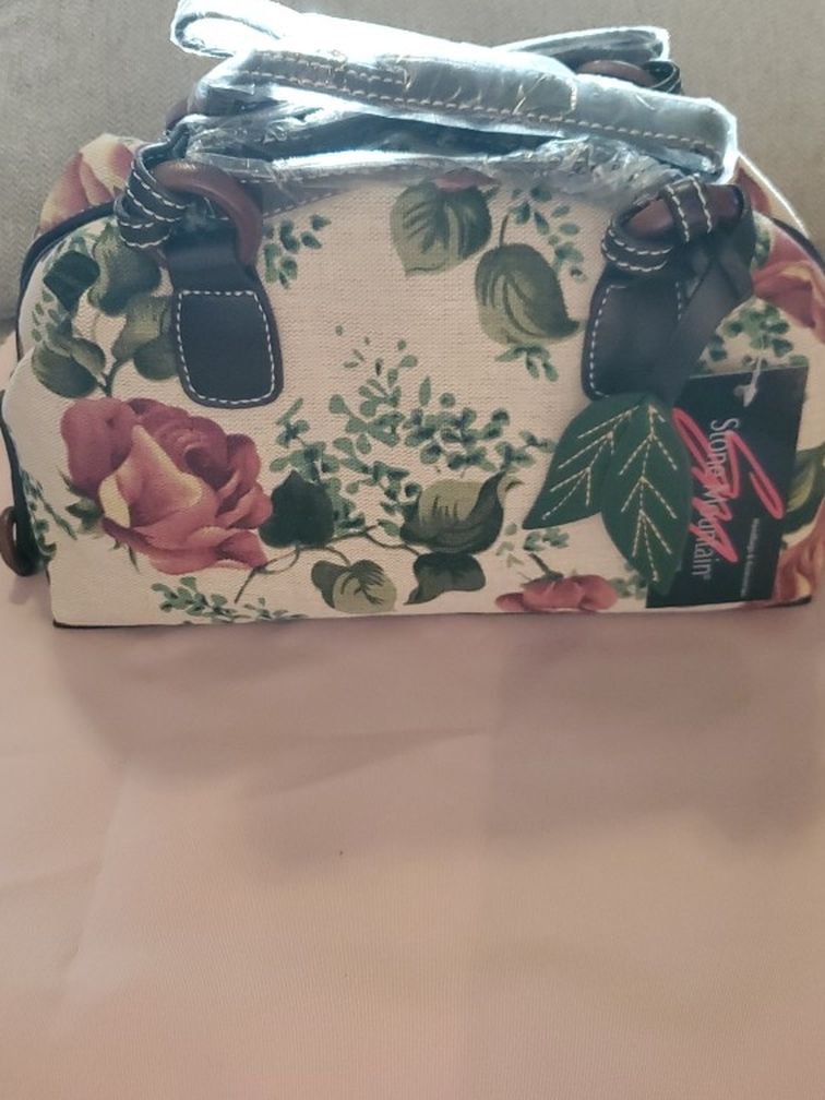 **Brand New**Stone Mountain Floral Rose Print Double Handle Satchel Bag Natural