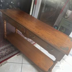 Large Vintage Hitchcockville Console Table, With 2 Drawers And Top Bottom Shelf.