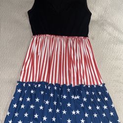 New Lanmertree Womens American Flag Star Vertical Striped Ruffled Mini Dress Sundress L/Large