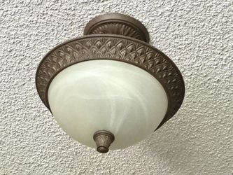 Vintage Ceiling Light Fixture Golden Bronze  Milk Glass Dome Shade Bedroom Kitchen