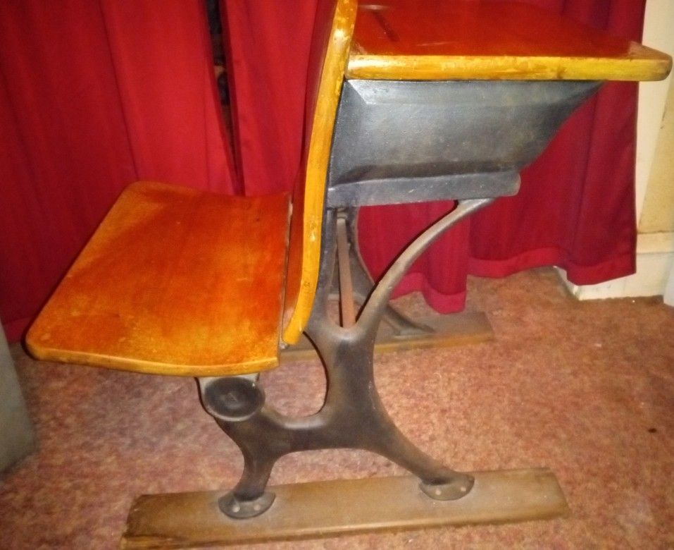 Antique, Nostalgic Children's School Desk With Cast Iron Base, Folding Seat, Pencil Cup Holder And Book Compartment