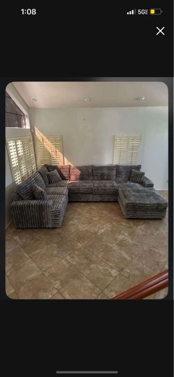 (CUSTOMIZABLE) Large Two Tone Corduroy Sectional Sofa with Chaise