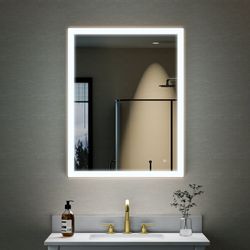 28 in. W x 36 in. H Aluminium Framed Rectangular LED Light Bathroom Vanity Mirror in Gold