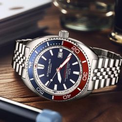 Stuhrling 1008 Men s Automatic Watch Tonneau Stainless Steel Case Blue Dial Pepsi Red Blue Bezel Jubilee Bracelet 200M Water Resistant Date Window