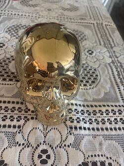 CERAMIC GOLD METAL SKULL COIN BANK 4" X 5 1/2" COOL RARE