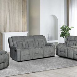 Gray Fabric Manual 3 Pc Recliner Living Room Set
