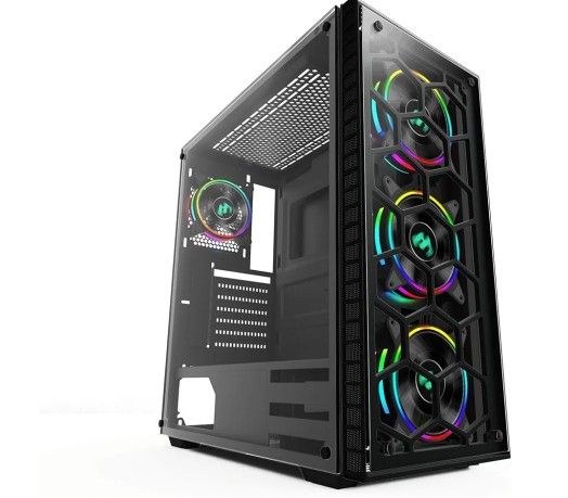 MUSETEX 903-S4 ATX Mid Tower Gaming Computer Case Tempered Glass, Computer Gaming Case Window Desktop/PC Including 4X 120mm Case Fan, USB 3.0 Ports