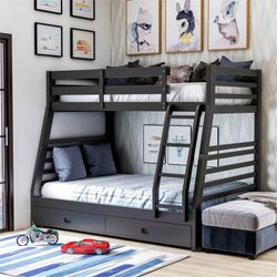 Twin/Full Black Bunk bed w. Drawers & Ortho Mattresses Included 