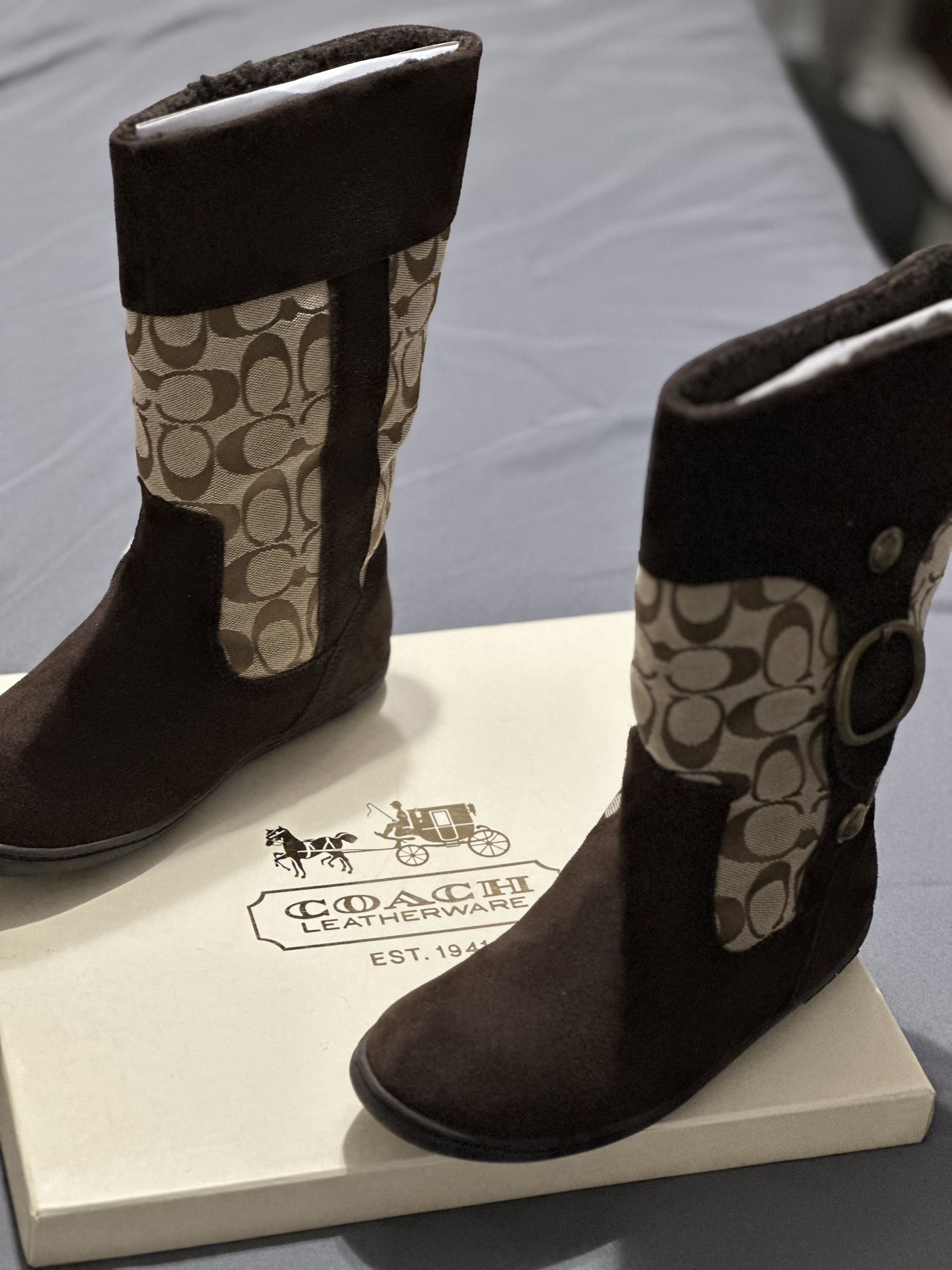 Coach Meyer “mid-calf “ Khaki Chestnut Brown C Logo Signature Suede Boots 12 CM
