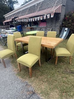 Modern Industrial Oak Dining Set – Thick Wood Table with Metal Base & 6 Green Upholstered Chairs