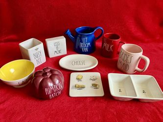 Lot 10 RAE DUNN CERAMIC MILK BRIDES MAID WATERING CAN MUG BOWL DIVIDED DISH CHEESE TRAY PLATER PUMPKIN Thanksgiving FRUIT SQUARE PLANTER