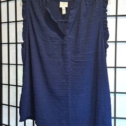 'St. John's Bay' navy blue textured shirt, sleeveless ruffled arms, Sz. XL