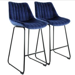 2 Piece Blue Velvet Tufted Bar Height Chairs