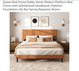 Queen Bed Frame,Teddy Velvet Modern Platform Bed Frame with Upholstered Headboard, Mattress Foundation, No Box Spring Required, Brown