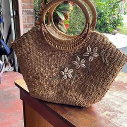 Vintage Shell And Rattan Beach Bag. 17”x16”
