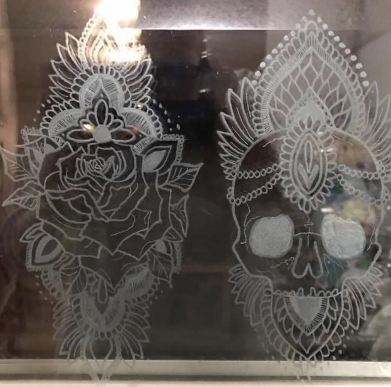 Custom skull and rose glass etching