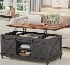 48" Black Farmhouse Lift Top Coffee Table with Storage Sliding Barn Door & Large Hidden Compartment, Coffee Table with Lifting Top with Wooden Lift Ta