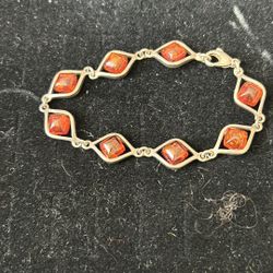 Vintage Amber Silver Bracelet jewel accessory Fossil charm stone diamond design