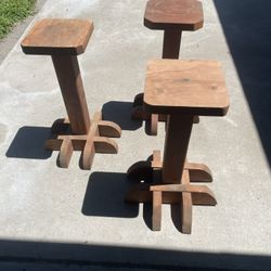 Set Of 3 Handcrafted Rustic Solid Wood Rectangular Pedestal Plant Stands