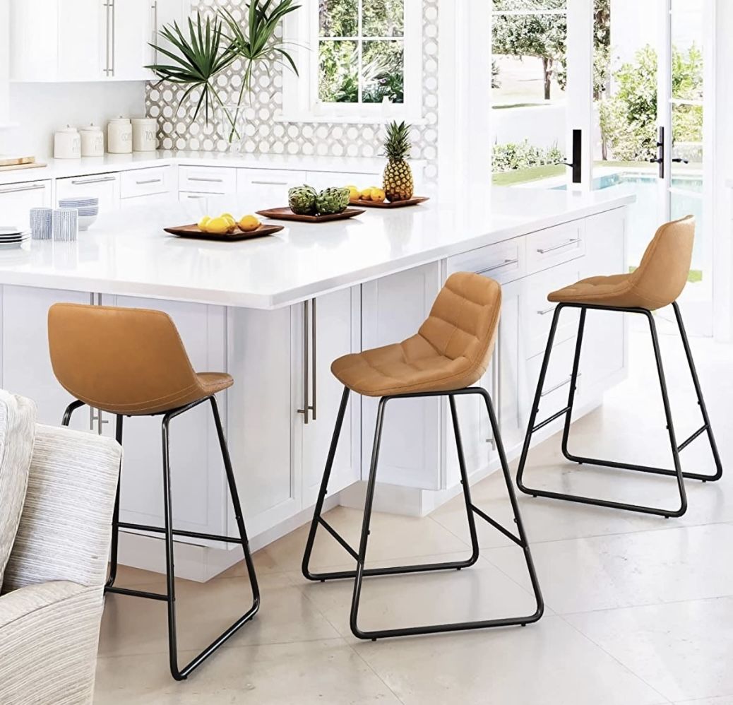 Upholstered Checkered Pattern Bar Stools Set of 3. L Whiskey Brown