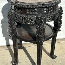 Old Chinese Large Carved Rosewood Marble Top Table