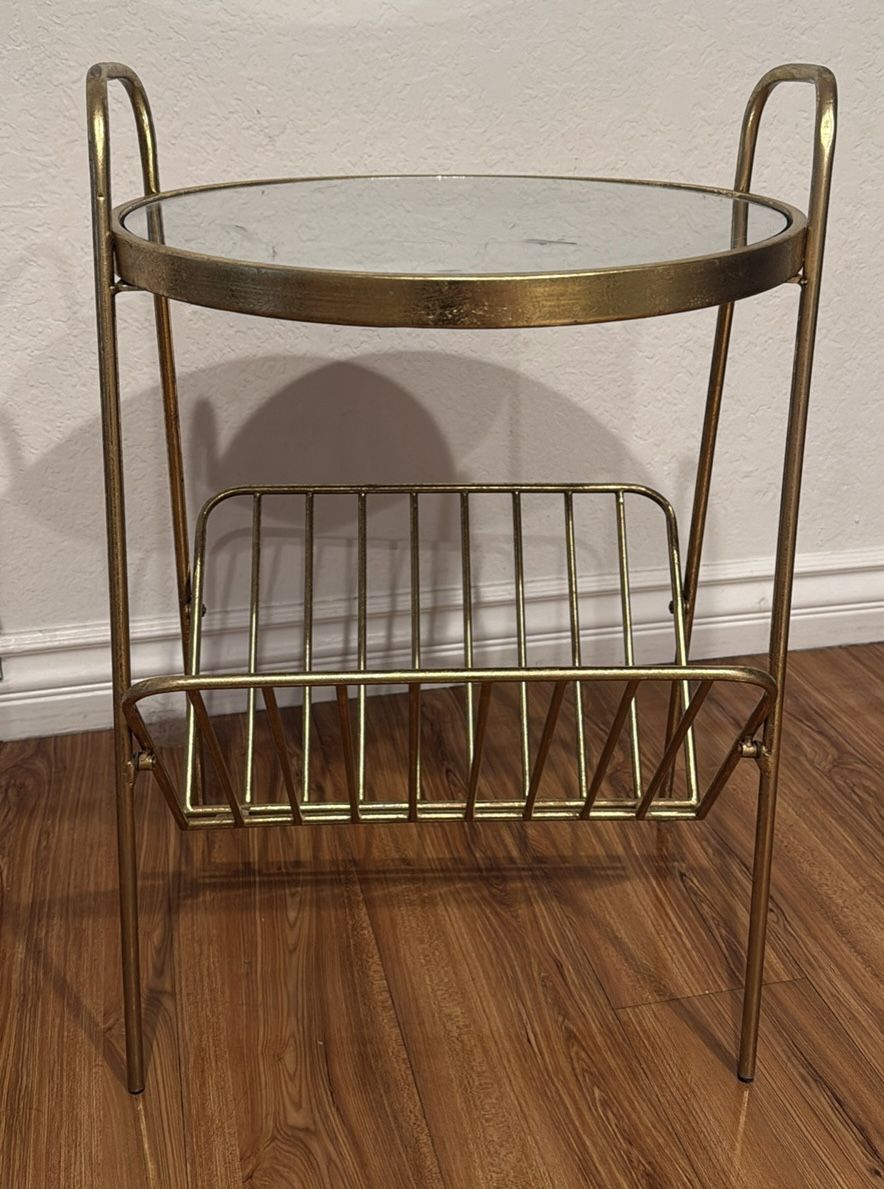 Metal, Mirrored Gold Side Table, with rack