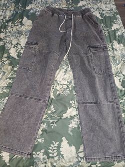 Gray Washed Denim Cargo Pants