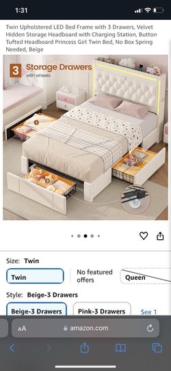 Twin Upholstered LED Bed Frame with 3 Drawers, Velvet Hidden Storage Headboard with Charging