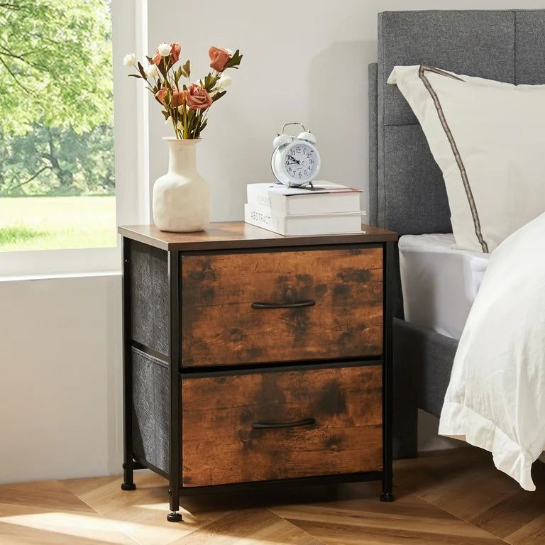 2-Drawer Nightstand & Fabric Bin Dresser – Compact End Table for Bedroom, Entryway, Dorm, or Living Room