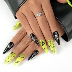 10 Piece Long Stiletto Handmade Press On Nails, Bright Yellow & Black with Rhinestones and Gothic Charms, False Nail Manicure Kit, Size L/Large *NEW*