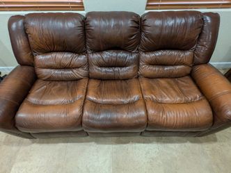 Matching pair of Brown Leather Reclining Sofa - Dual Recliners - Good condition
