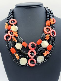 New Coral Onyx Pearl Multi Strand Black Pink Orange Bead Necklace 18” Chain