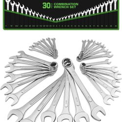 30-Piece Combination Wrench Set, Metric (6mm-24mm) & SAE (1''-1/4"), Standard Spanner Wrench Set, Mechanic Tool Sets with Rolling Pouch, Open End Wren