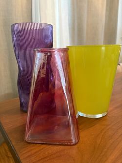 Eclectic Trio Colored Glass Vase Set - Purple Ribbed, Geometric Pink & Lime Yellow ✨