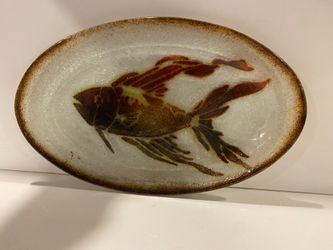 Vintage Art Glass Koi Fish Serving Plate Platter Made in Isreal 13.5” long x 8.25” wide