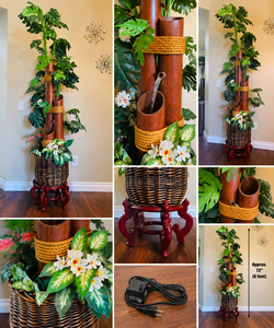 Large Indoor Bamboo-Style Waterfall Fountain with Tropical Plants & Stand