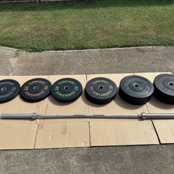 New Olympic Bumper Plates 370 lb w/ 7FT Bar & Clips – Home/Garage Gym