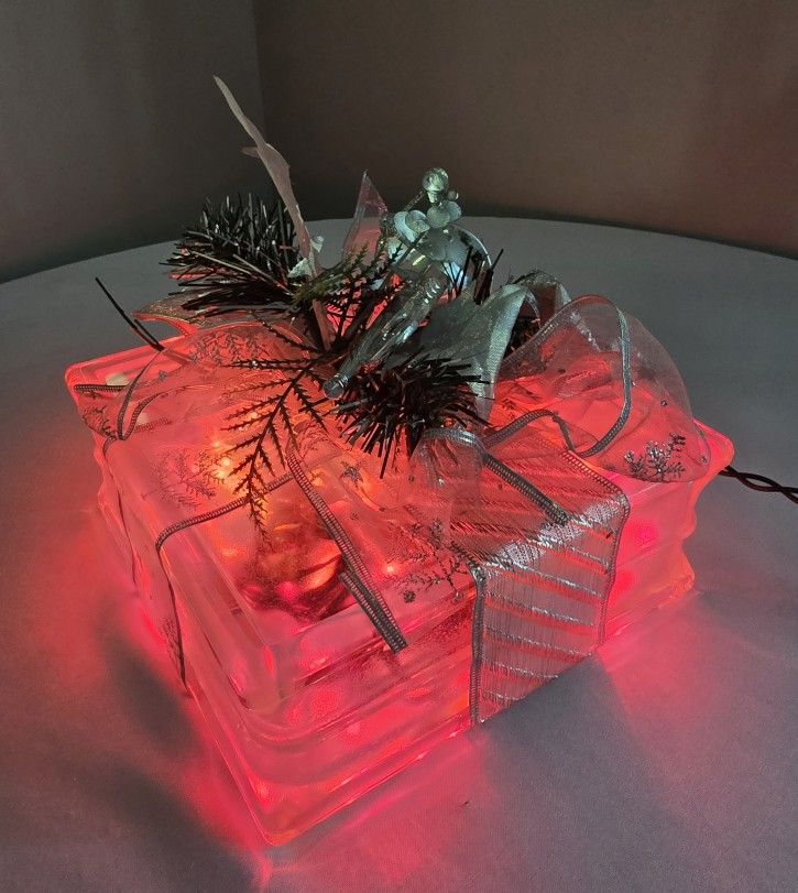 Frosted Glass Christmas Pink Lighted Holiday Cube 8x8x4 Silver Ribbon Pine Decor