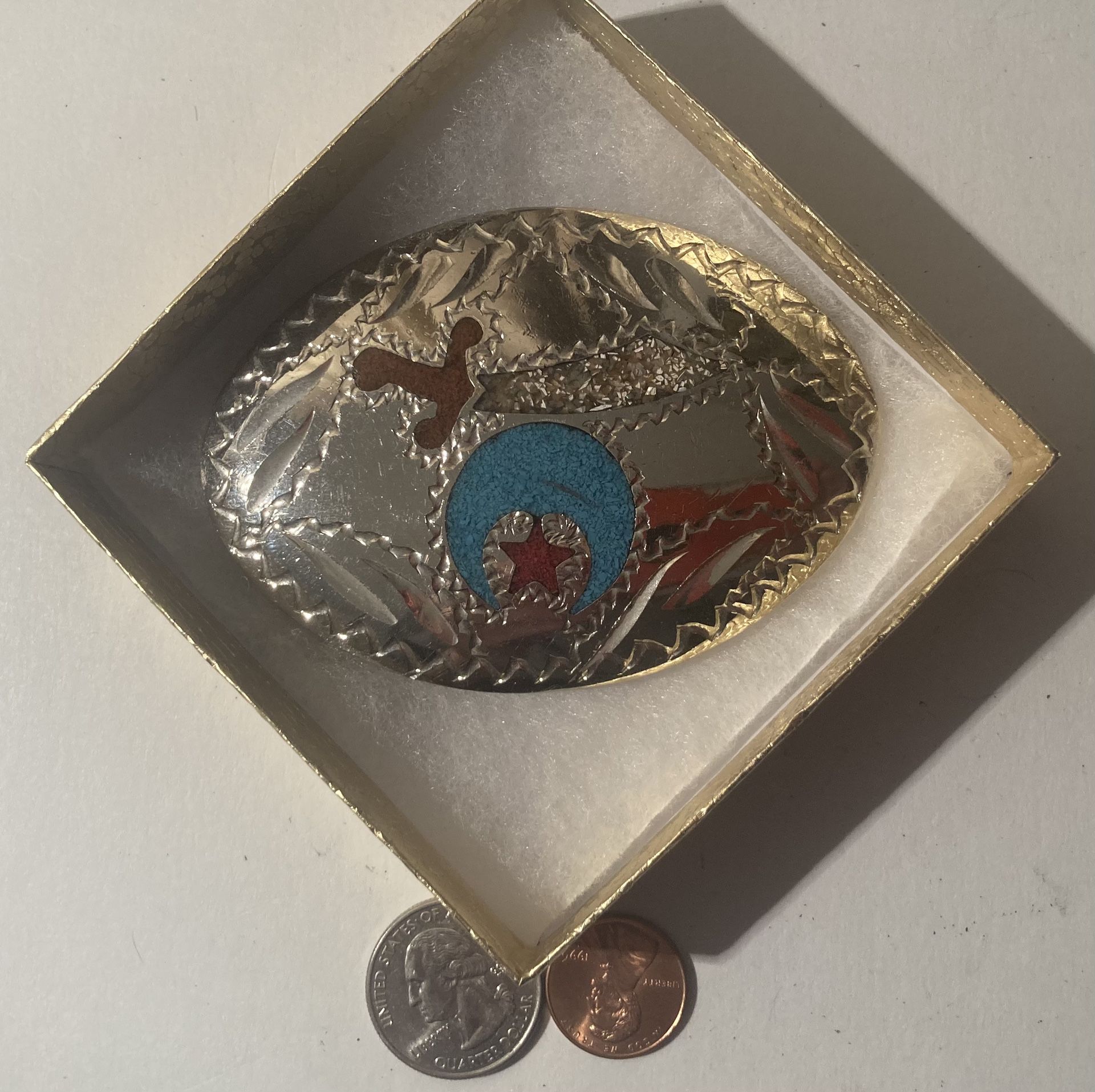 Vintage Belt Buckle Silver With Blue And red Turquoise Masons Masonic