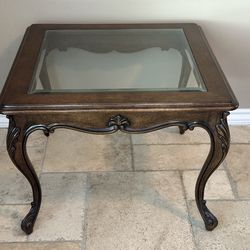 Beautiful Vtg Square French Provincial Side Table w/Beveled Glass Made from Maple & Olive Ash Burs