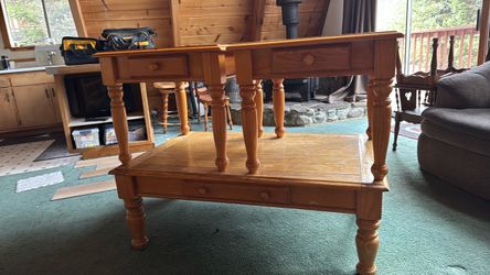 Pine Wood Coffee Table and End Table Set